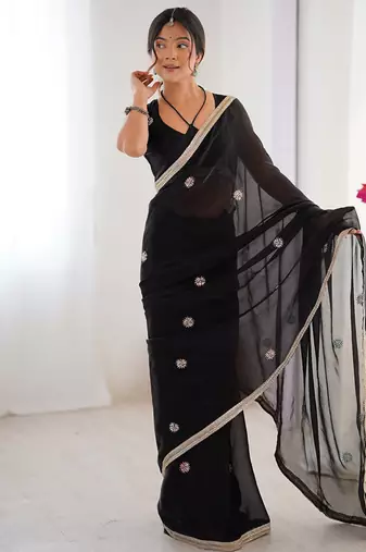 black heavy smooth sitara mirror work satin saree