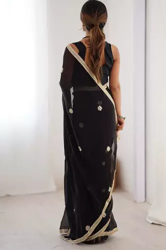black heavy smooth sitara mirror work satin saree