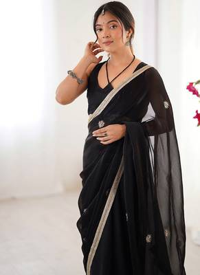 black heavy smooth sitara mirror work satin saree 4
