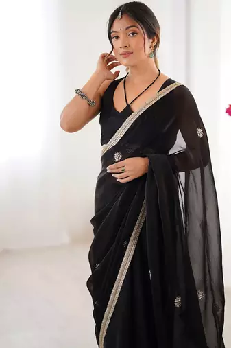 black heavy smooth sitara mirror work satin saree