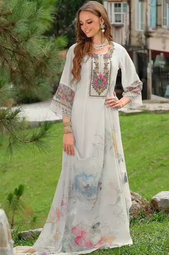 Women Floral Embroidered Regular Thread Work Liva Kurta with Trousers & With Dupatta