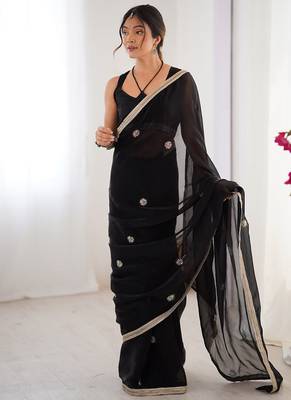 black heavy smooth sitara mirror work satin saree 5