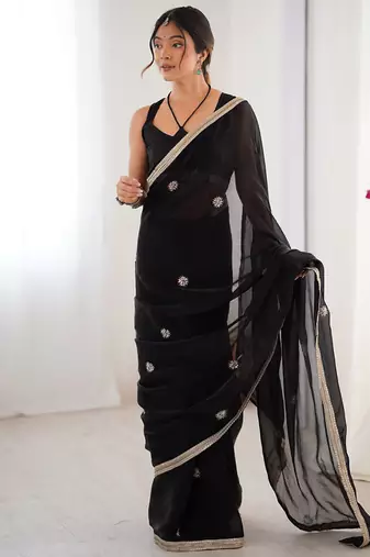 black heavy smooth sitara mirror work satin saree