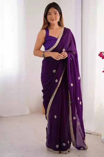 purple heavy smooth sitara mirror work satin saree