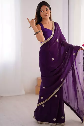 purple heavy smooth sitara mirror work satin saree