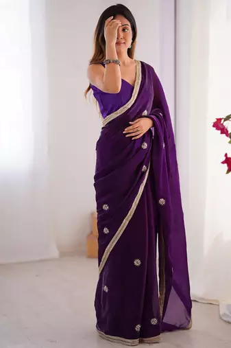 purple heavy smooth sitara mirror work satin saree