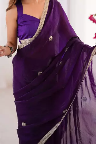 purple heavy smooth sitara mirror work satin saree