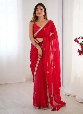 red heavy smooth sitara mirror work satin saree 1