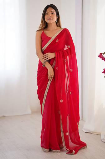 red heavy smooth sitara mirror work satin saree