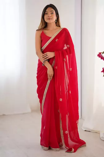 red heavy smooth sitara mirror work satin saree