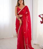 red heavy smooth sitara mirror work satin saree