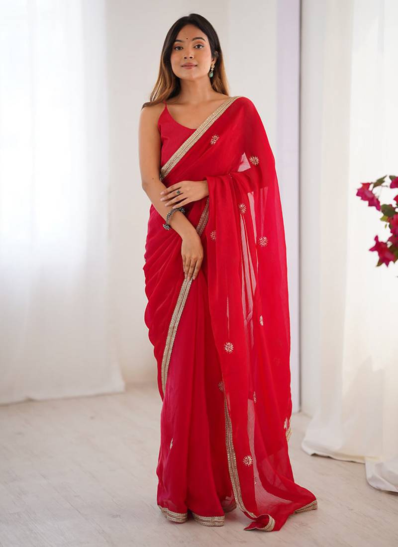 red heavy smooth sitara mirror work satin saree