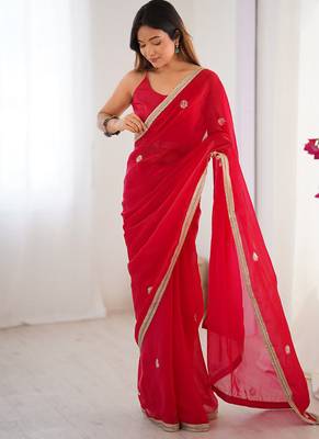 red heavy smooth sitara mirror work satin saree 2