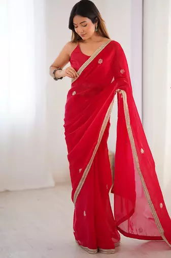 red heavy smooth sitara mirror work satin saree