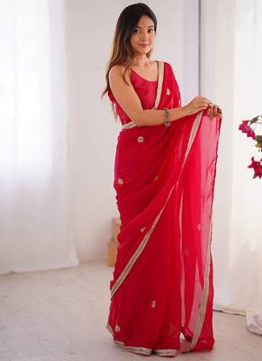 red heavy smooth sitara mirror work satin saree 4