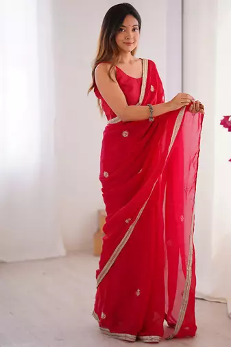 red heavy smooth sitara mirror work satin saree