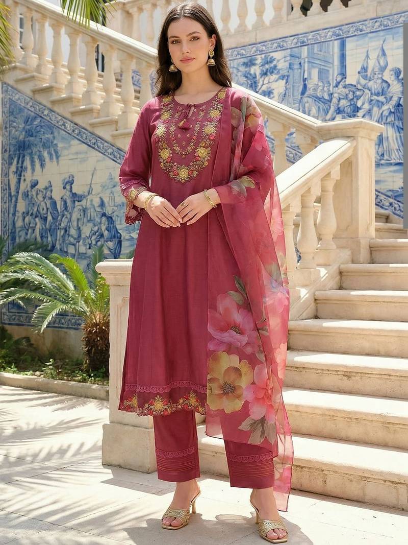 Women Floral Embroidered Regular Thread Work Kurta with Trousers & With Dupatta