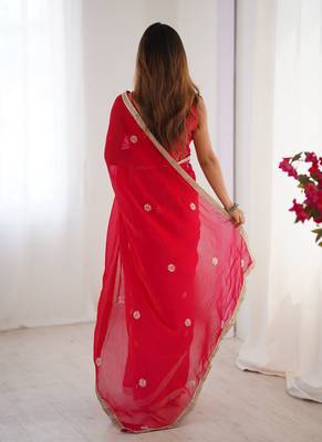 red heavy smooth sitara mirror work satin saree 5