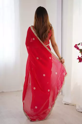 red heavy smooth sitara mirror work satin saree