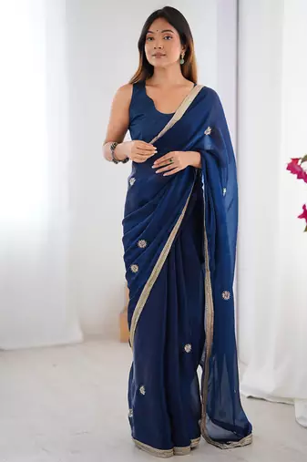 navy blue heavy smooth sitara mirror work satin saree