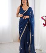 navy blue heavy smooth sitara mirror work satin saree