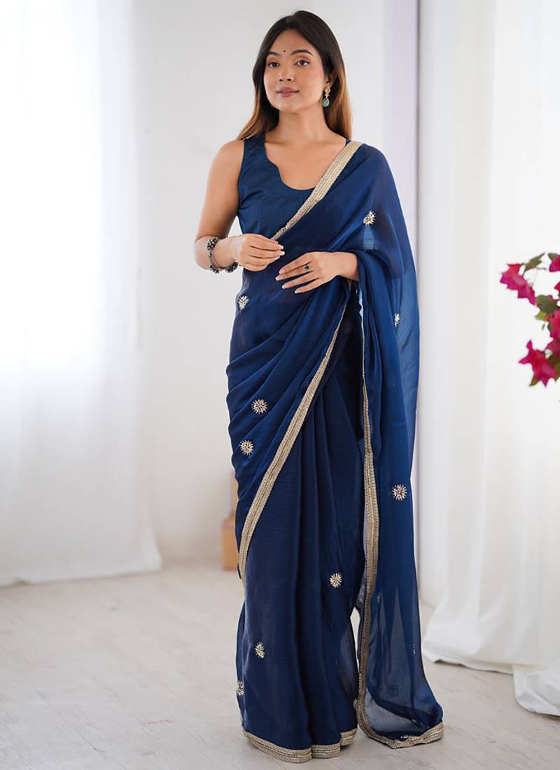 navy blue heavy smooth sitara mirror work satin saree