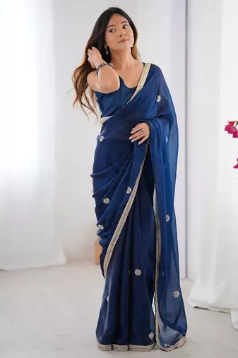 navy blue heavy smooth sitara mirror work satin saree