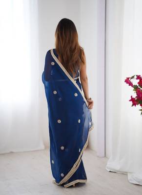navy blue heavy smooth sitara mirror work satin saree 3