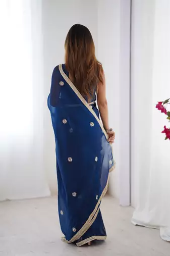 navy blue heavy smooth sitara mirror work satin saree