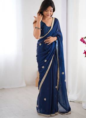 navy blue heavy smooth sitara mirror work satin saree 4