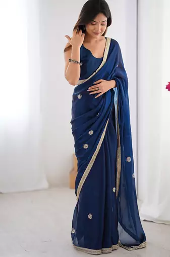 navy blue heavy smooth sitara mirror work satin saree