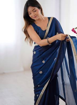 navy blue heavy smooth sitara mirror work satin saree 5