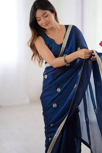 navy blue heavy smooth sitara mirror work satin saree