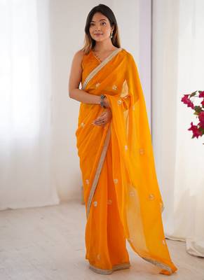 orange heavy smooth sitara mirror work satin saree 1