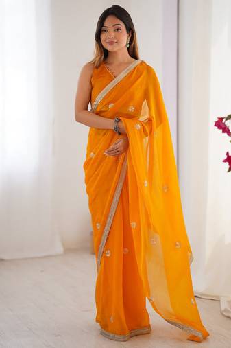 orange heavy smooth sitara mirror work satin saree