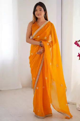 orange heavy smooth sitara mirror work satin saree