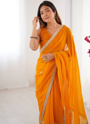 orange heavy smooth sitara mirror work satin saree 2