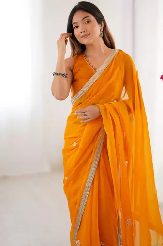 orange heavy smooth sitara mirror work satin saree