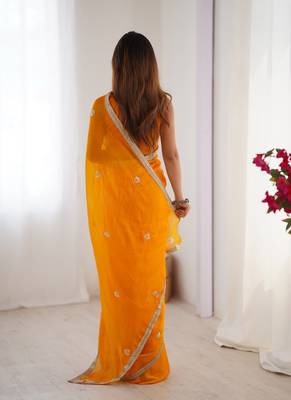 orange heavy smooth sitara mirror work satin saree 4