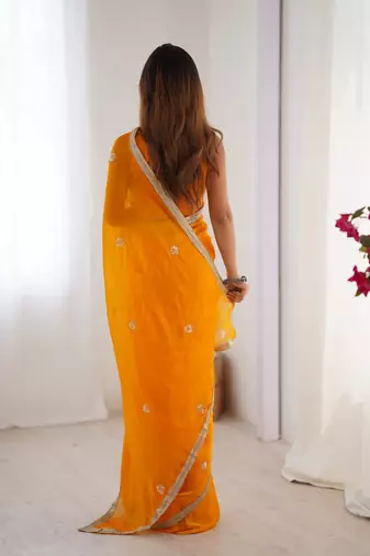 orange heavy smooth sitara mirror work satin saree