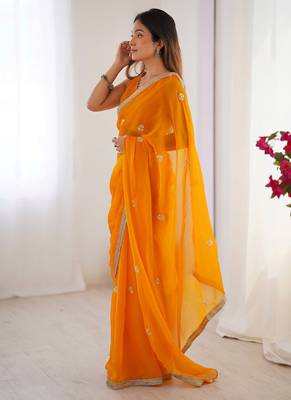 orange heavy smooth sitara mirror work satin saree 5