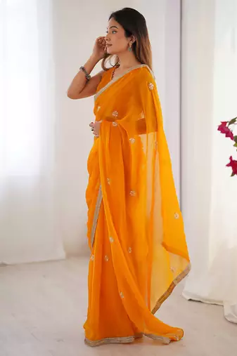 orange heavy smooth sitara mirror work satin saree