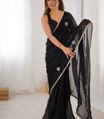 black heavy smooth sitara mirror work satin saree