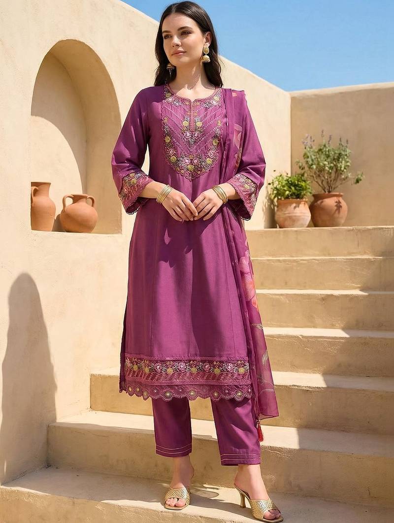 Women Floral Embroidered Regular Thread Work Kurta with Trousers & With Dupatta