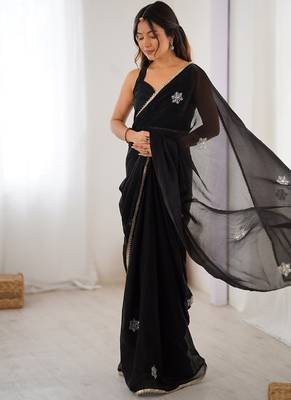 black heavy smooth sitara mirror work satin saree 2