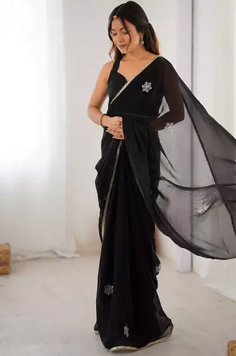 black heavy smooth sitara mirror work satin saree