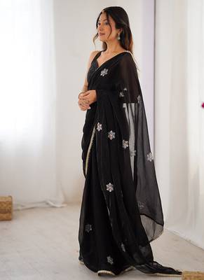 black heavy smooth sitara mirror work satin saree 3