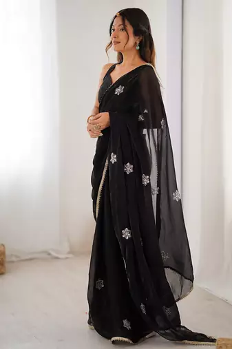 black heavy smooth sitara mirror work satin saree