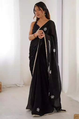 black heavy smooth sitara mirror work satin saree