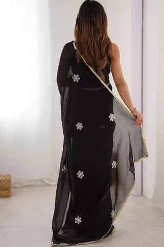 black heavy smooth sitara mirror work satin saree